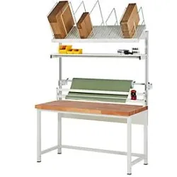 Packtisch komplett, Serie 8000, Set 2 mit Etagenbord, Schneidgerät, Abrolleinheit, BxT 1500 x 700 mm, Buchenplatte RAU