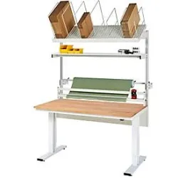 Packtisch komplett 300, elektrisch höhenverstellbar, Set 2 mit Etagenbord, Schneidgerät, Abrolleinheit, BxT 1500 x 800 mm, Buchenplatte RAU