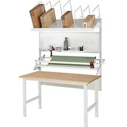 Packtisch komplett, manuell höhenverstellbar, Set 3 mit Lochplatte, Schneidgerät, Abrolleinheit, BxT 1500 x 800 mm, Buchenplatte RAU