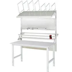 Packtisch komplett, manuell höhenverstellbar, Set 3 mit Lochplatte, Schneidgerät, Abrolleinheit, BxT 2000 x 1000 mm, Melaminplatte RAU