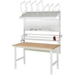 Packtisch komplett, manuell höhenverstellbar, Set 3 mit Lochplatte, Schneidgerät, Abrolleinheit, BxT 2000 x 1000 mm, Buchenplatte RAU