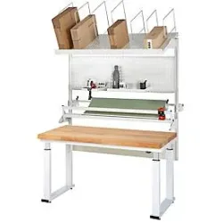 Packtisch komplett 600, elektrisch höhenverstellbar, Set 3 mit Lochplatte, Schneidgerät, Abrolleinheit, BxT 2000 x 700 mm, Buchenplatte RAU