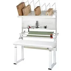 Packtisch komplett 600, elektrisch höhenverstellbar, Set 3 mit Lochplatte, Schneidgerät, Abrolleinheit, BxT 2000 x 900 mm, Hartlaminatplatte RAU