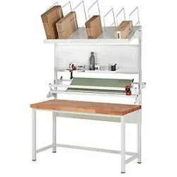 Packtisch komplett, Serie 8000, Set 3 mit Lochplatte, Schneidgerät, Abrolleinheit, BxT 2000 x 700 mm, Buchenplatte RAU