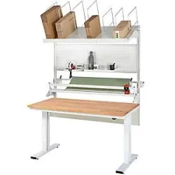 Packtisch komplett 300, elektrisch höhenverstellbar, Set 3 mit Lochplatte, Schneidgerät, Abrolleinheit, BxT 1500 x 1000 mm, Buchenplatte RAU