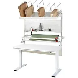 Packtisch komplett 300, elektrisch höhenverstellbar, Set 3 mit Lochplatte, Schneidgerät, Abrolleinheit, BxT 1500 x 1000 mm, Melaminplatte RAU