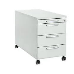 Rollcontainer 1333, 3 Schübe & 1 Utensilienauszug, abschliessbar, runde Griffe, Holz/Stahl/Kunststoff, B 434 x T 800 x H 613 mm, lichtgrau