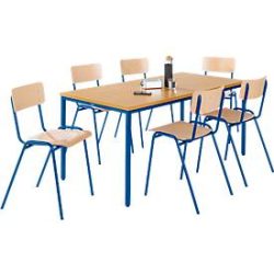 Stahlrohr-Tisch mit 6 Stapelstühlen, Gestell Tisch blau/Stuhl blau