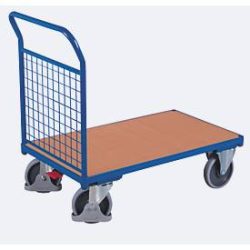 Stirnwandwagen, Stahl/MDF-Platte, Enzianblau/Buche-Dekor, L 1230 x B 800 mm, Stirnwand aus Drahtgitter, TPE-Rollen mit EasySTOP, bis 500 kg