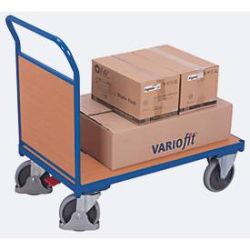 Stirnwandwagen, Stahl/MDF-Platte, Enzianblau/Buche-Dekor, L 880 x B 500 mm, Stirnwand aus MDF-Platte, TPE-Rollen mit EasySTOP, bis 400 kg