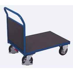 Stirnwandwagen, Stahl/Siebdruckplatte, Enzianblau/Dunkelbraun, L 1225 x B 800 mm, Vollgummi-Rollen mit EasySTOP, bis 1000 kg