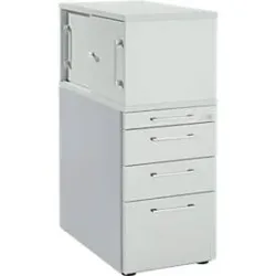 Schäfer Shop Genius Beistellcontainer mit Aufsatzschrank inkl. Schiebetür, Container & Schiebetür abschliessbar, mit Griff eckig, lichtgrau