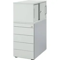 Schäfer Shop Genius Beistellcontainer mit Aufsatzschrank inkl. Schiebetür, Container & Schiebetür abschliessbar, mit Griffnut, lichtgrau