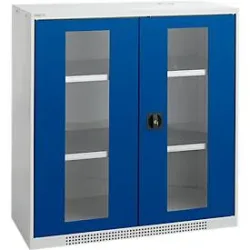 Schäfer Shop Genius Flügeltürenschrank FS, Stahl, Sichtfenster, Lüftungslöcher, B 1055 x T 520 x H 1105 mm, 3 OH, Lichtgrau/Enzianblau, bis 300 kg