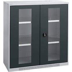 Schäfer Shop Genius Flügeltürenschrank FS, Stahl, Sichtfenster, Lüftungslöcher, B 1055 x T 520 x H 1105 mm, 3 OH, Weissalu/Anthrazitgrau, bis 300 kg