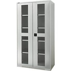Schäfer Shop Genius Flügeltürenschrank FS, Stahl, Sichtfenster, Lüftungslöcher, B 1055 x T 520 x H 1950 mm, 5 OH, Lichtgrau/Lichtgrau, bis 500 kg