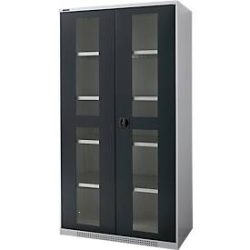 Schäfer Shop Genius Flügeltürenschrank FS, Stahl, Sichtfenster, Lüftungslöcher, B 1055 x T 520 x H 1950 mm, 5 OH, Weissalu/Anthrazitgrau, bis 500 kg