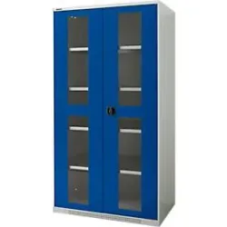 Schäfer Shop Genius Flügeltürenschrank FS, Stahl, Sichtfenster, Lüftungslöcher, B 1055 x T 620 x H 1950 mm, 5 OH, Lichtgrau/Enzianblau, bis 500 kg
