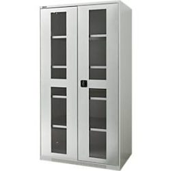 Schäfer Shop Genius Flügeltürenschrank FS, Stahl, Sichtfenster, Lüftungslöcher, B 1055 x T 620 x H 1950 mm, 5 OH, Lichtgrau/Lichtgrau, bis 500 kg