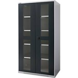 Schäfer Shop Genius Flügeltürenschrank FS, Stahl, Sichtfenster, Lüftungslöcher, B 1055 x T 620 x H 1950 mm, 5 OH, Weissalu/Anthrazitgrau, bis 500 kg