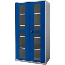 Schäfer Shop Genius Flügeltürenschrank FS, Stahl, Sichtfenster, Lüftungslöcher, B 1055 x T 620 x H 1950 mm, 5 OH, Weissalu/Enzianblau, bis 500 kg