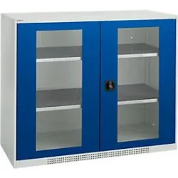 Schäfer Shop Genius Flügeltürenschrank FS, Stahl, Sichtfenster, Lüftungslöcher, B 1343 x T 520 x H 1105 mm, 3 OH, Lichtgrau/Enzianblau, bis 450 kg