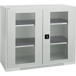 Schäfer Shop Genius Flügeltürenschrank FS, Stahl, Sichtfenster, Lüftungslöcher, B 1343 x T 520 x H 1105 mm, 3 OH, Lichtgrau/Lichtgrau, bis 450 kg