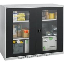Schäfer Shop Genius Flügeltürenschrank FS, Stahl, Sichtfenster, Lüftungslöcher, B 1343 x T 520 x H 1105 mm, 3 OH, Weissalu/Anthrazitgrau, bis 450 kg