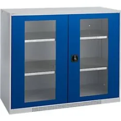 Schäfer Shop Genius Flügeltürenschrank FS, Stahl, Sichtfenster, Lüftungslöcher, B 1343 x T 520 x H 1105 mm, 3 OH, Weissalu/Enzianblau, bis 450 kg