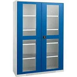 Schäfer Shop Genius Flügeltürenschrank FS, Stahl, Sichtfenster, Lüftungslöcher, B 1343 x T 620 x H 1950 mm, 5 OH, Lichtgrau/Enzianblau, bis 750 kg