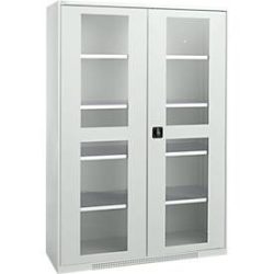 Schäfer Shop Genius Flügeltürenschrank FS, Stahl, Sichtfenster, Lüftungslöcher, B 1343 x T 620 x H 1950 mm, 5 OH, Lichtgrau/Lichtgrau, bis 750 kg