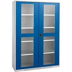 Schäfer Shop Genius Flügeltürenschrank FS, Stahl, Sichtfenster, Lüftungslöcher, B 1343 x T 620 x H 1950 mm, 5 OH, Weissalu/Enzianblau, bis 750 kg