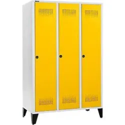 Schäfer Shop Genius Kleiderspind mit Füssen, 3 Abteile, 400 mm Abteilbreite, Sicherheitsdrehriegelverschluss, lichtgrau/rapsgelb