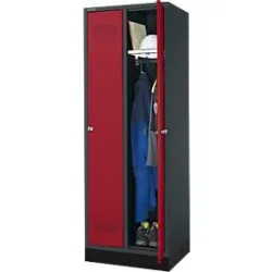 Schäfer Shop Genius Kleiderspind mit Sockel, 2 Abteile, 300 mm Abteilbreite, Zylinderschloss, anthrazit/rubinrot
