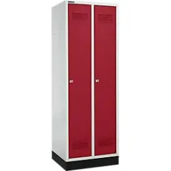 Schäfer Shop Genius Kleiderspind mit Sockel, 2 Abteile, 300 mm Abteilbreite, Zylinderschloss, lichtgrau/rubinrot