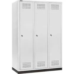 Schäfer Shop Genius Kleiderspind mit Sockel, 3 Abteile, 400 mm Abteilbreite, Zylinderschloss, lichtgrau/lichtgrau