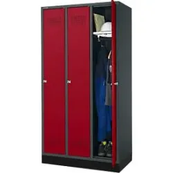Schäfer Shop Genius Kleiderspind mit Sockel, 3 Abteile, 300 mm Abteilbreite, Zylinderschloss, anthrazit/rubinrot