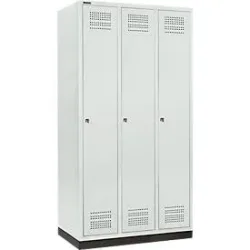 Schäfer Shop Genius Kleiderspind mit Sockel, 3 Abteile, 300 mm Abteilbreite, Zylinderschloss, lichtgrau