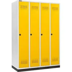 Schäfer Shop Genius Kleiderspind mit Sockel, 4 Abteile, 300 mm Abteilbreite, Drehriegelverschluss, rapsgelb