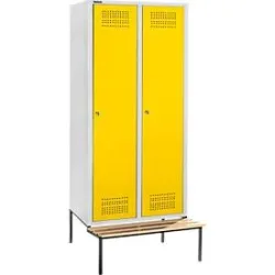 Schäfer Shop Genius Kleiderspind mit Sitzbank, 2 Abteile, 300 mm Abteilbreite, Zylinderschloss, lichtgrau/gelb