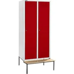 Schäfer Shop Genius Kleiderspind mit Sitzbank, 2 Abteile, 300 mm Abteilbreite, Zylinderschloss, lichtgrau/rot