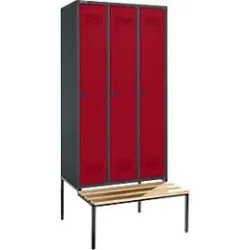 Schäfer Shop Genius Kleiderspind mit Sitzbank, 3 Abteile, 300 mm Abteilbreite, Sicherheitsdrehriegelverschluss, anthrazit/rubinrot