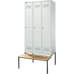 Schäfer Shop Genius Kleiderspind mit Sitzbank, 3 Abteile, 300 mm Abteilbreite, Zylinderschloss, lichtgrau/lichtgrau