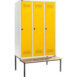 Schäfer Shop Genius Kleiderspind mit Sitzbank, 3 Abteile, 400 mm Abteilbreite, Sicherheitsdrehriegelverschluss, lichtgrau/rapsgelb