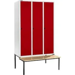 Schäfer Shop Genius Kleiderspind mit Sitzbank, 3 Abteile, 400 mm Abteilbreite, Sicherheitsdrehriegelverschluss, lichtgrau/rubinrot