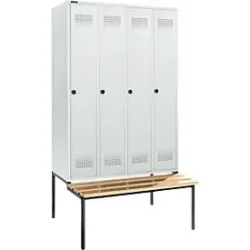 Schäfer Shop Genius Kleiderspind mit Sitzbank, 4 Abteile, 300 mm Abteilbreite, Sicherheitsdrehriegelverschluss, lichtgrau/lichtgrau