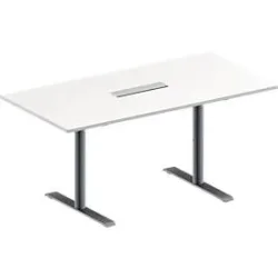 Schäfer Shop Genius Konferenztisch MODENA FLEX, 6-fach Anschluss, Rechteck, T-Fuss Rundrohr, B 1600 x T 800 x H 650-850 mm, weiss/weissalu