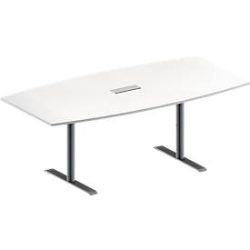 Schäfer Shop Genius Konferenztisch MODENA FLEX, mit Tischanschlussfeld, Boot, T-Fuss Rundrohr, B 2000 x H 650-850 mm, weiss/weissaluminium RAL 9006