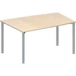 Schäfer Shop Genius Konferenztisch MODENA FLEX, Tonne, 4-Fuss Rundrohr, B 1400 x T 1000 x H 720-840 mm, Ahorn/weissaluminium RAL 9006