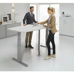 Schäfer Shop Select Besprechungstisch ERGO-T, mit Anschluss, elektrisch höhenverstellbar, Boot, T-Fuss, B 2000 x H 640-1300 mm, lichtgrau/weissalu